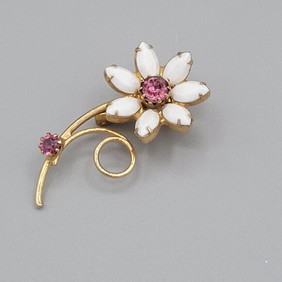 Jewelry - Elegant Floral Brooch Milk Glass Petals Pink Rhinestones Prong Set Gold Tone